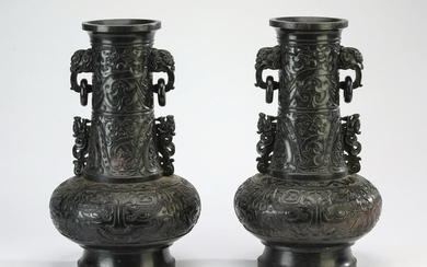(2) Chinese bronze Hu Yuan style dragon vases, 18"h