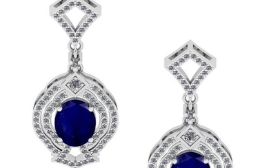 6.20 Ctw VS/SI1 Blue Sapphire And Diamond 14K White Gold Dangling Earrings (ALL DIAMOND ARE LAB