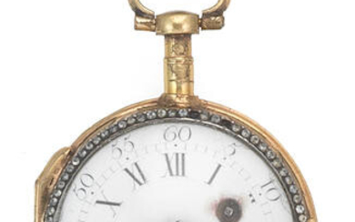 Charles LeRoy, Paris. A gilt metal and stone set key wind open face pocket watch with enamel miniature portrait of a lady and complimenting chatelaine