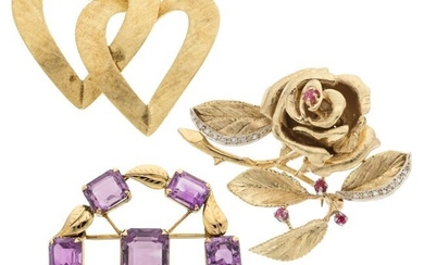74010: Tiffany & Co. Diamond, Ruby, Amethyst, Gold Broo