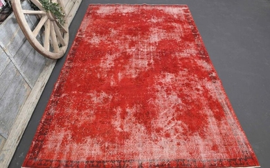 7x11 HOT RED Vintage Rug, Faded Red Beige Green Area