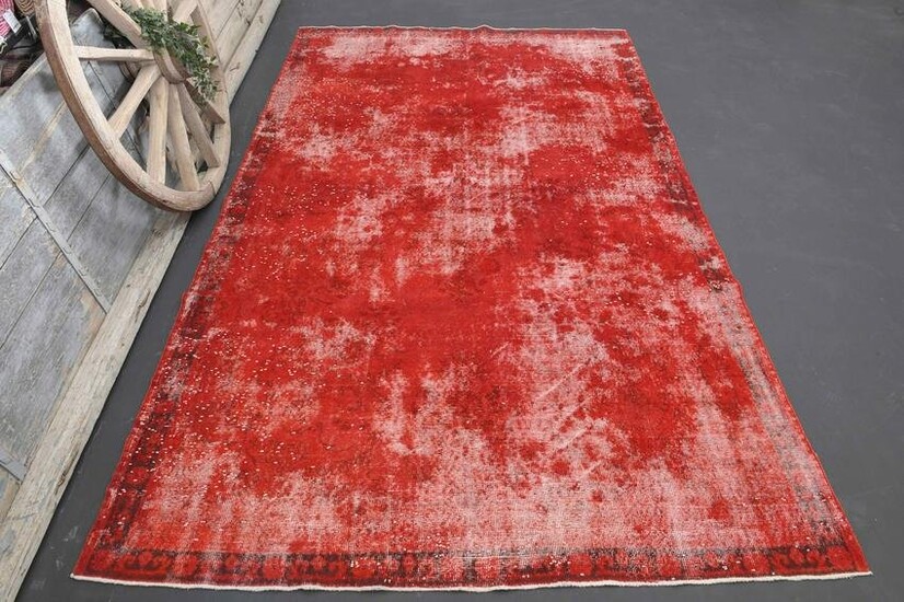 7x11 HOT RED Vintage Rug, Faded Red Beige Green Area