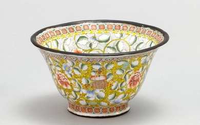 CHINESE PAINTED BEIJING ENAMEL CUP In bell form, with fruit and flower design. Four-character Qianlong mark on base. Diameter 4.3".