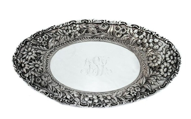 925 STERLING SILVER HANDMADE CHASED HEAVY FLORAL REPOSSE OVAL DISH