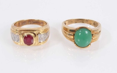 9ct gold oval mixed cut ruby ring with diamond set shoulders and 9ct gold chrysoprase cabochon ring