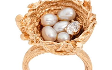 A 14 Karat Yellow Gold, Cultured Pearl and Diamond Bird's Nest Ring