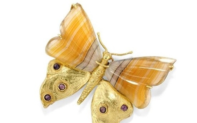 A 18k yellow gold, amethyst and agate brooch