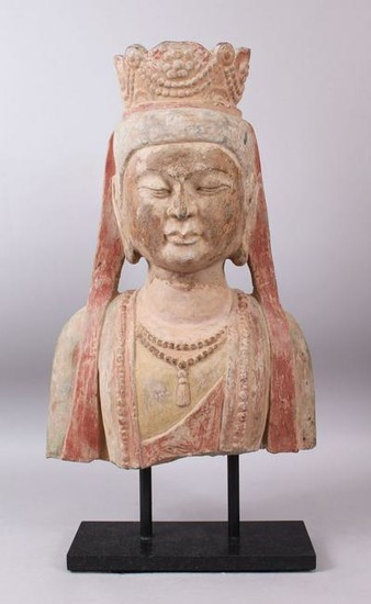A 19TH / 20TH CENTURY SANDSTONE BUST OF BUDDHA wearing