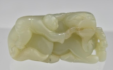 A 19TH CENTURY CHINESE BOY AND WATER BUFFALO CELADON JADE CARVING