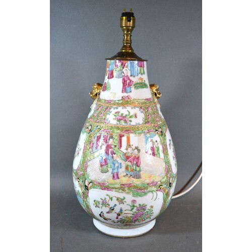 A 19th Century Canton Large Table Lamp decorated in polychro...