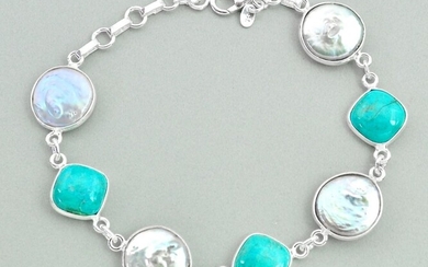 A 925 silver bracelet set with turquoise and pearls, L. 19cm.