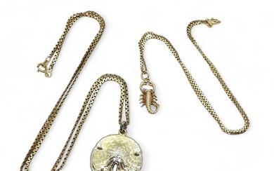 A 9ct gold Scorpio pendant, with a 41cm 9ct zigzag chain, a ...