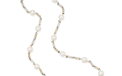 A BI-COLOR GOLD AND CULTURED PEARL NECKLACE