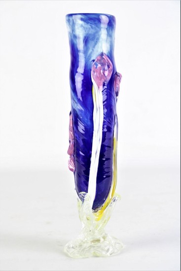 A Blue Art Glass Vase with Floral Motif (H 26cm)