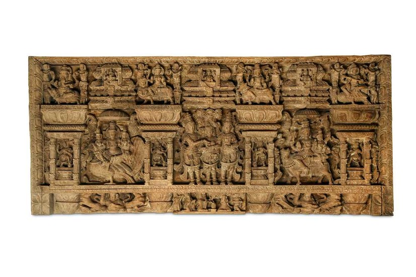 A CARVED WOODEN SOUTH INDIAN LINTEL PANEL Possibly Tamil Nadu, Southern India or Sri Lanka, late 19th - early 20th century
