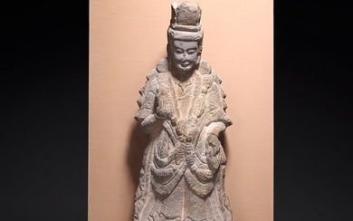 A CHINESE ARCHAIC STONE BODHISATTVA CARVING