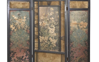A CHINESE PAINTED SILK AND WOOD THREE PANEL SCREEN 19TH CENTURY. DEFECTS.