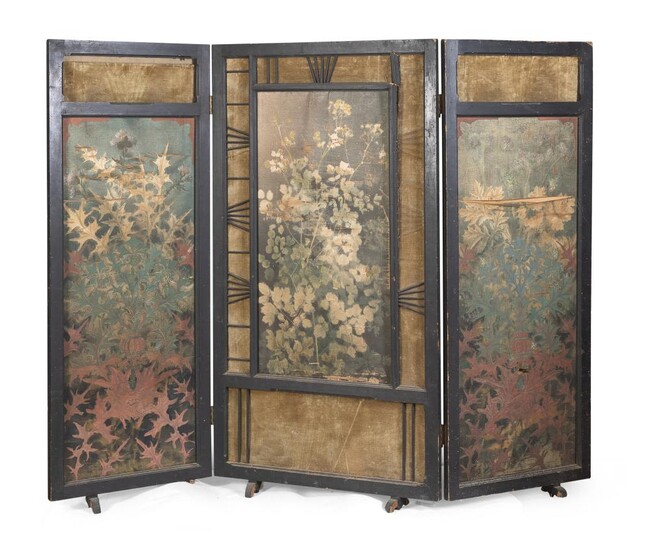 A CHINESE PAINTED SILK AND WOOD THREE PANEL SCREEN 19TH CENTURY. DEFECTS.