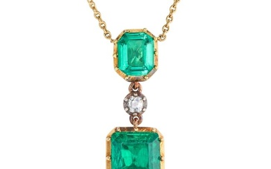 A COLOMBIAN MINOR EMERALD AND DIAMOND PENDANT NECKLACE the pendant set with an octagonal step cut