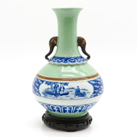A Celadon Blue and White Vase