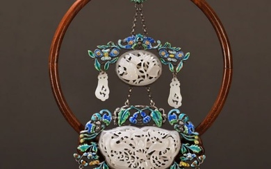 A Chinese Carved Silver Decoration Inlaid Jade Decoration