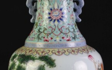 A Chinese Famille Twin Handle Vase decorated with people In traditional dance (H 35.5cm)