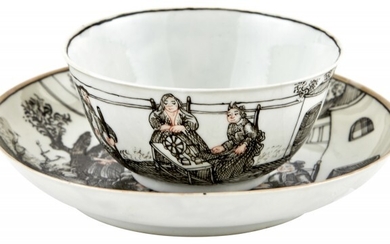 A Chinese Grisaille Decorated European Subject Porcelain Cup and Saucer