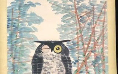 A Chinese Scroll Paining of Owl on a Branch