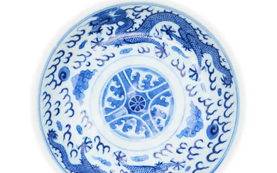 A Chinese blue and white 'dragon' saucer Qing dynasty, Guangxu mark and...