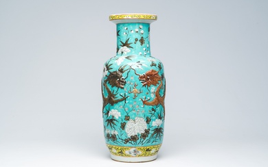 A Chinese famille rose turquoise ground Dayazhai style 'dragons chasing the pearl' vase, 19th C....