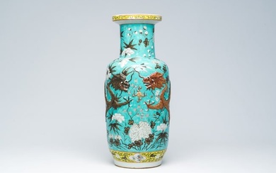A Chinese famille rose turquoise ground Dayazhai style 'dragons chasing the pearl' vase, 19th C.