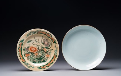 A Chinese famille verte cafe-au-lait ground plate and a monochrome white plate, Kangxi