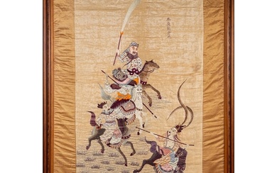 A Chinese silk work panel, woven with a martial scene of thr...