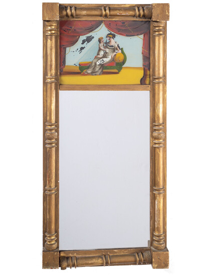 A Classical Carved and Gilt Decorated Reverse Painted Panel Inset Looking Glass