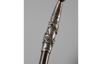 A FINE AND LARGE SILVER AND BAMBOO KISERU (PIPE) DEPICTING TWIN DRAGONS