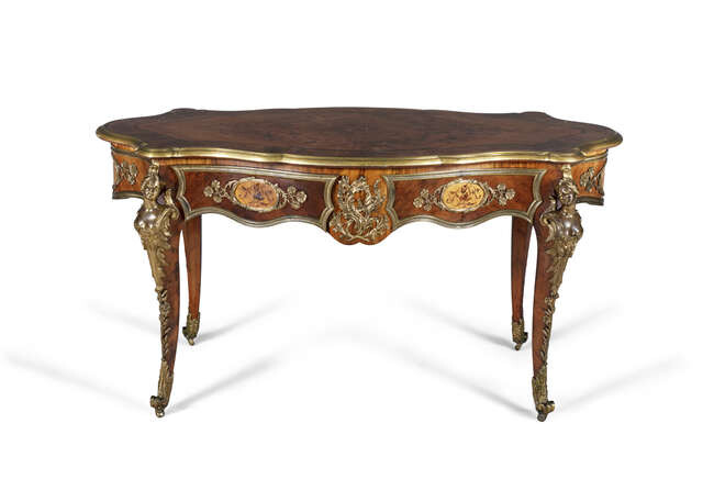 A FRENCH TULIPWOOD, MARQUETRY AND ORMOLU MOUNTED CENTRE...