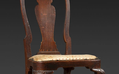 A Fine Queen Anne Shell-Carved Walnut Stretcher-Base Claw-and-Ball Foot Compass-Seat Side Chair