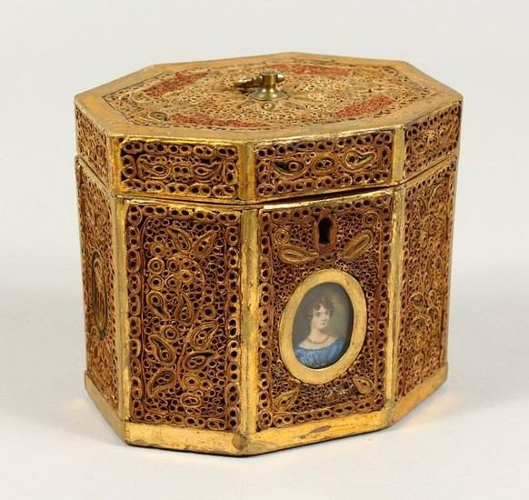 A GEORGE III ROLLED GILDED PAPER TEA CADDY, octagonal