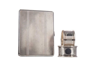 A GEORGE V SILVER CIGARETTE CASE, ALONG WITH A PAIR OF NAPKIN RINGS