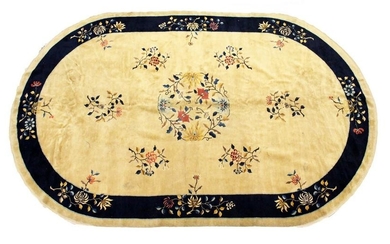 A GOOD CHINESE OVAL CARPET, beige ground with floral