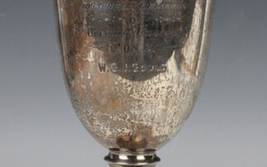 A George V silver trophy cup, the 'U' shaped bowl with engraved presentation inscription