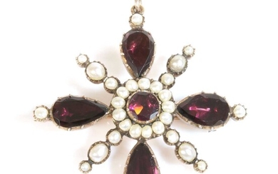 A Georgian gold foiled garnet and split pearl cruciform brooch/pendant