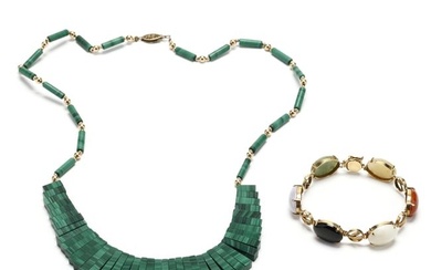 A Gold and Multi-Color Jade Bracelet and a Malachite Fringe Necklace