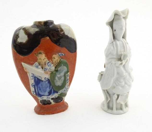 A Japanese small Sumida Gawa vase with figural detail