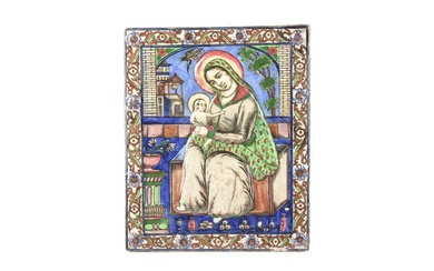 A LARGE 19TH CENTURY MOULDED PERSIAN QAJAR TILE DEPICTING MARY AND BABY JESUS