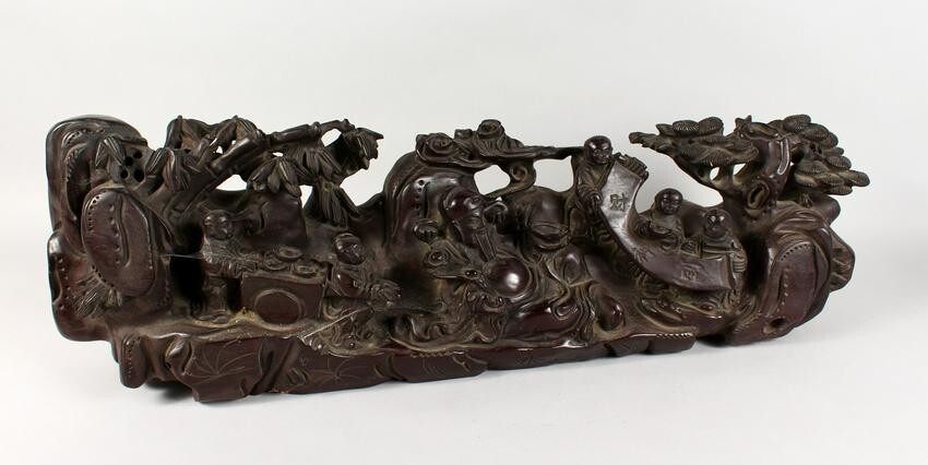A LARGE CHINESE CARVED WOOD GROUP OF FIGURES AND TREES.