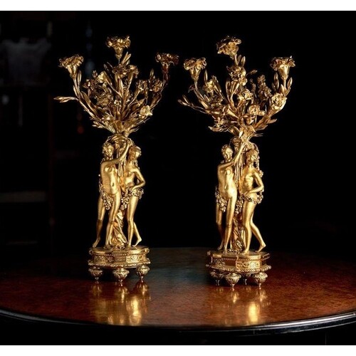 A LARGE PAIR OF 19TH CENTURY FRENCH GILT BRONZE FIGURAL CAND...