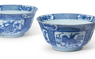 A LARGE PAIR OF CHINESE BLUE AND WHITE PUNCH BOWLS, KANGXI