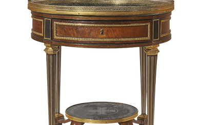 A LATE LOUIS XVI ORMOLU-MOUNTED AND BRASS-INLAID EBONY, VERRE EGLOMISE...