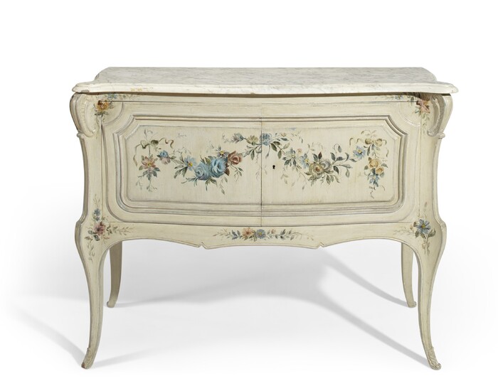 A LOUIS XV STYLE CREAM AND POLYCHROME-PAINTED COMMODE A VANTAUX, POSSIBLY SUPPLIED BY MAISON JANSEN, 20TH CENTURY